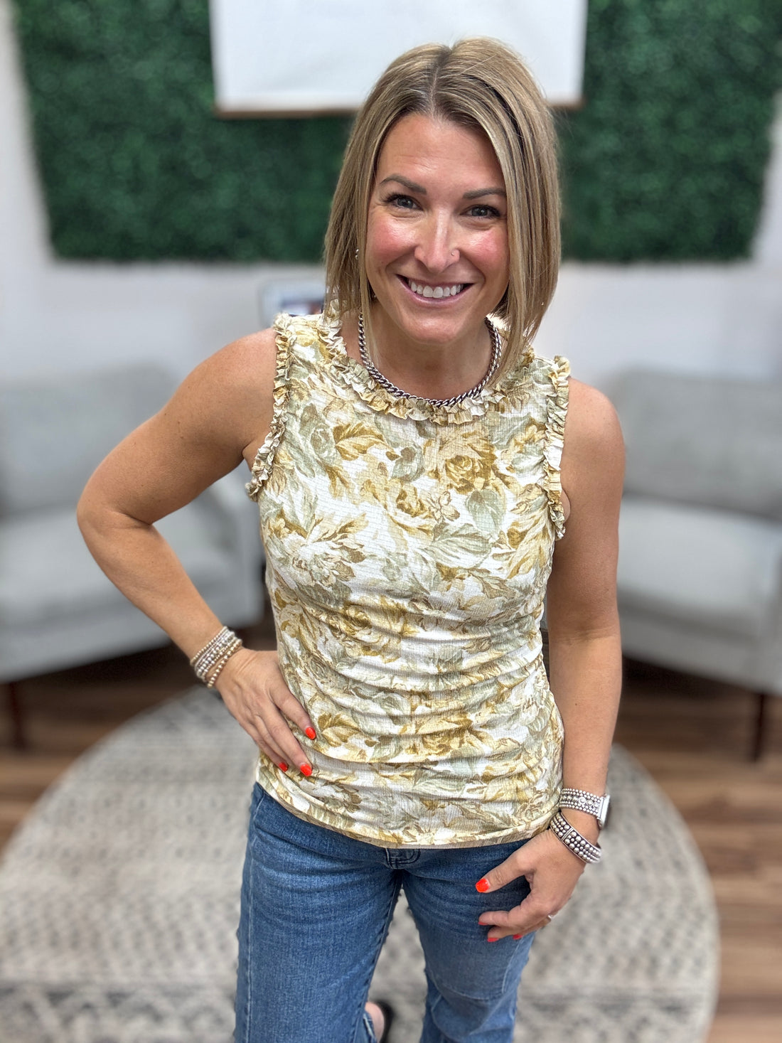 Floral Ribbed Tank with Ruffle Detail - Lemon/Sage