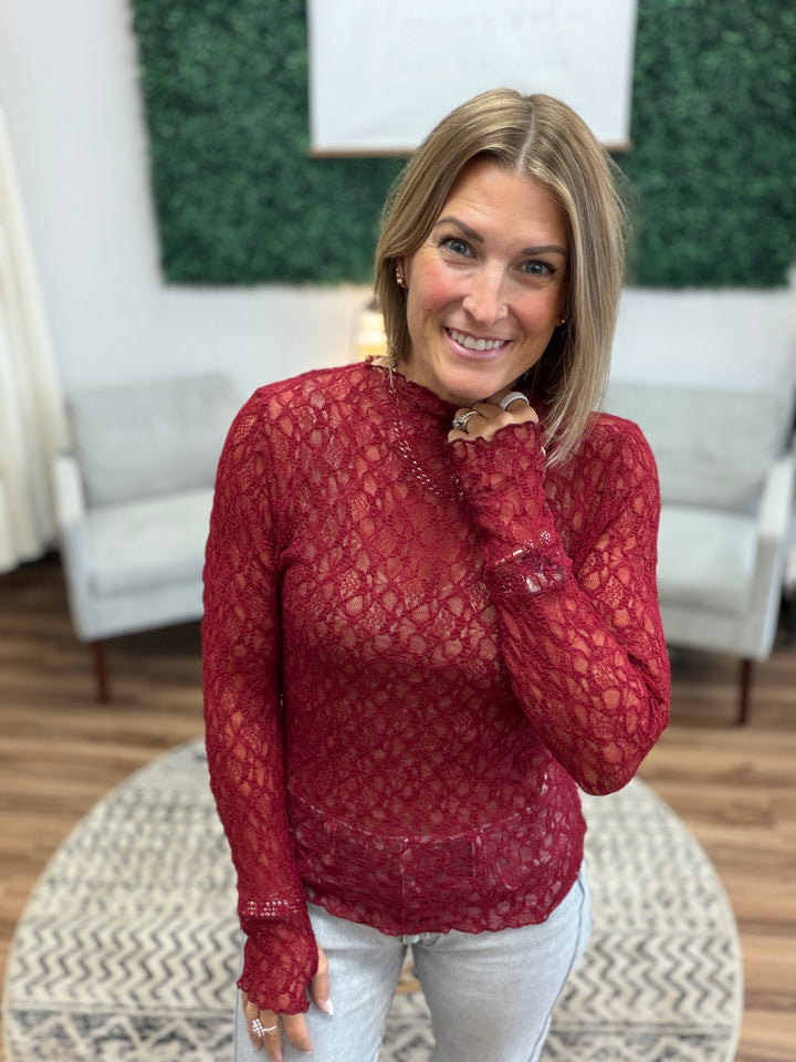 Jolie Lace Thumbhole Top - Crimson Red