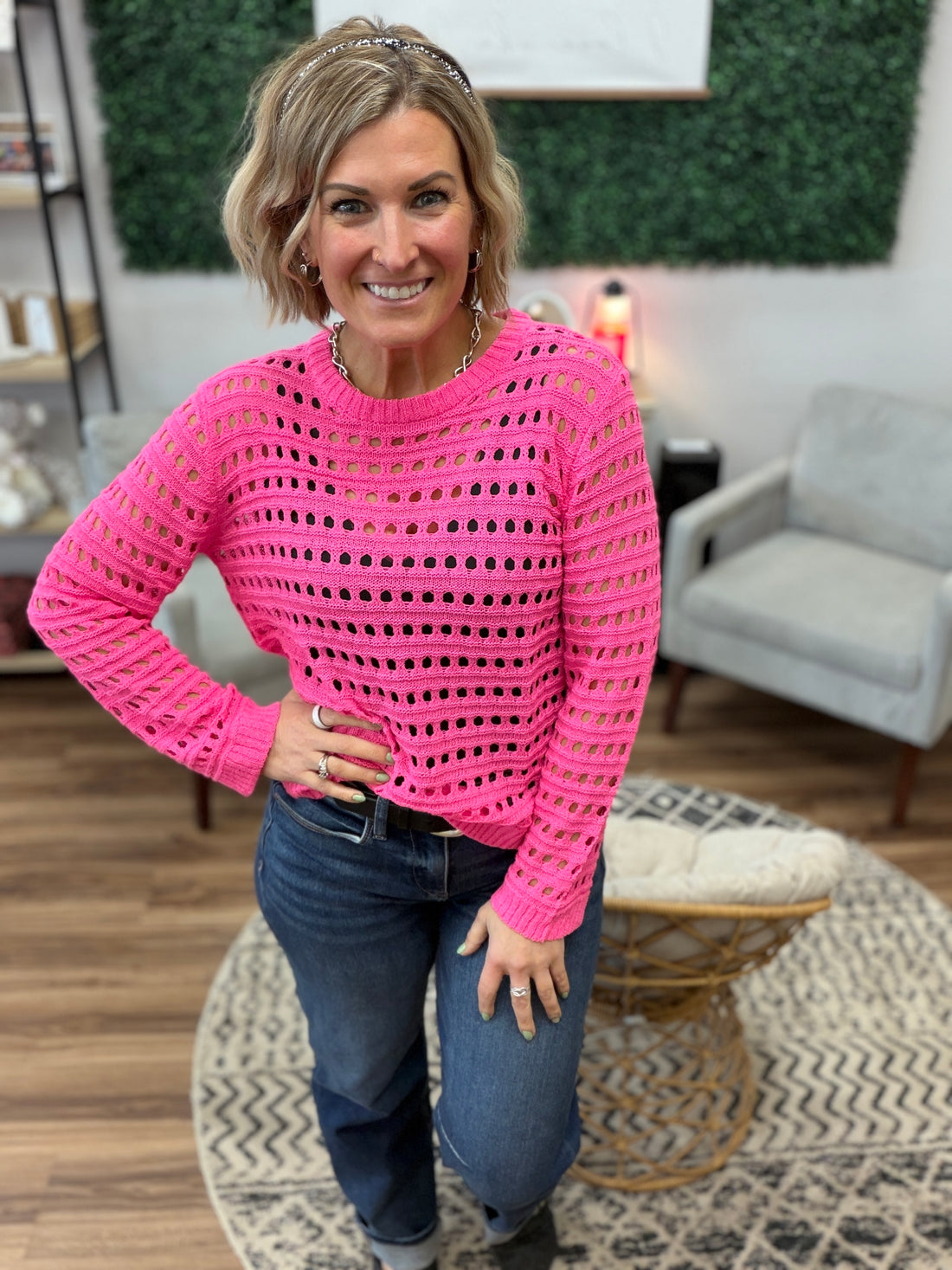 Round Neck Open Gauge Sweater - Hot Pink