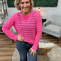 Round Neck Open Gauge Sweater - Hot Pink