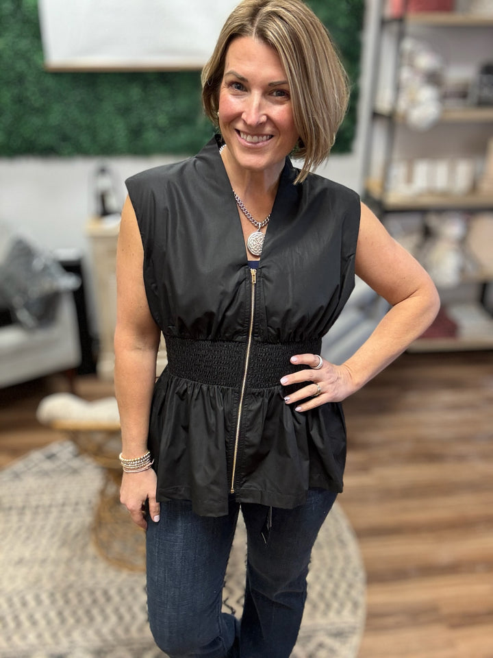 Zip It &amp; Go Smocked Peplum Top - Black
