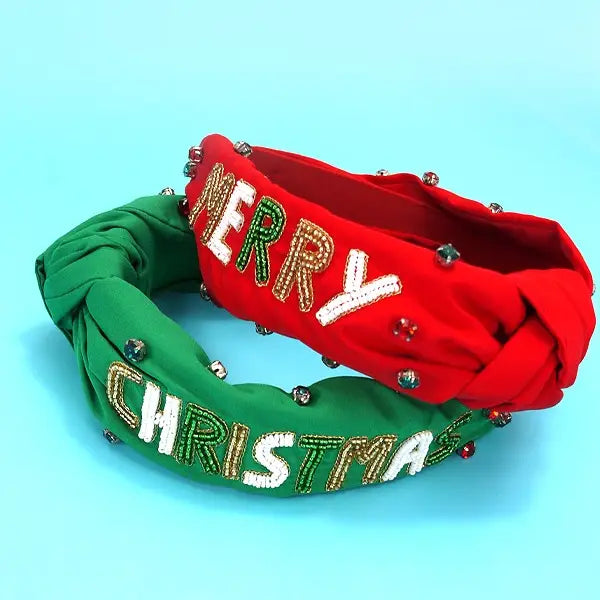 Merry Christmas Holiday Seed Bead Headband