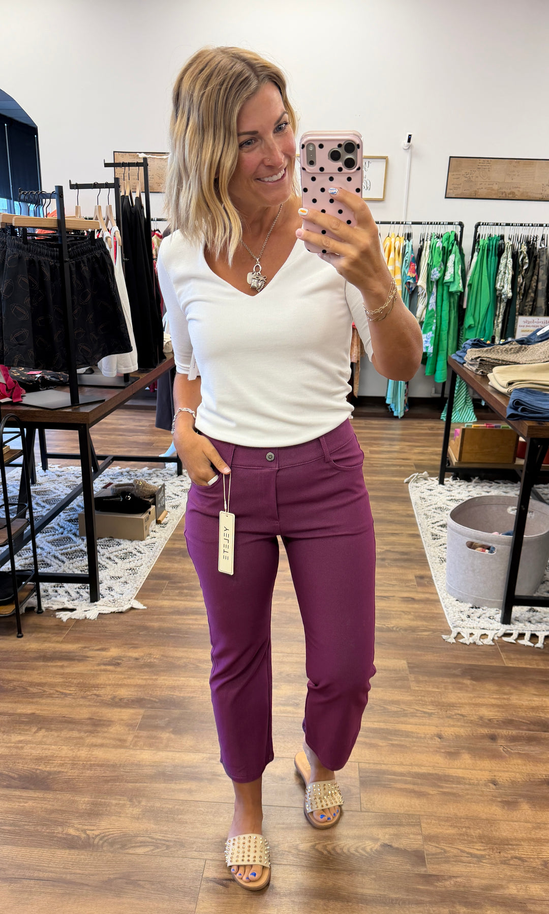 Solid Cropped Work Pants - Plum