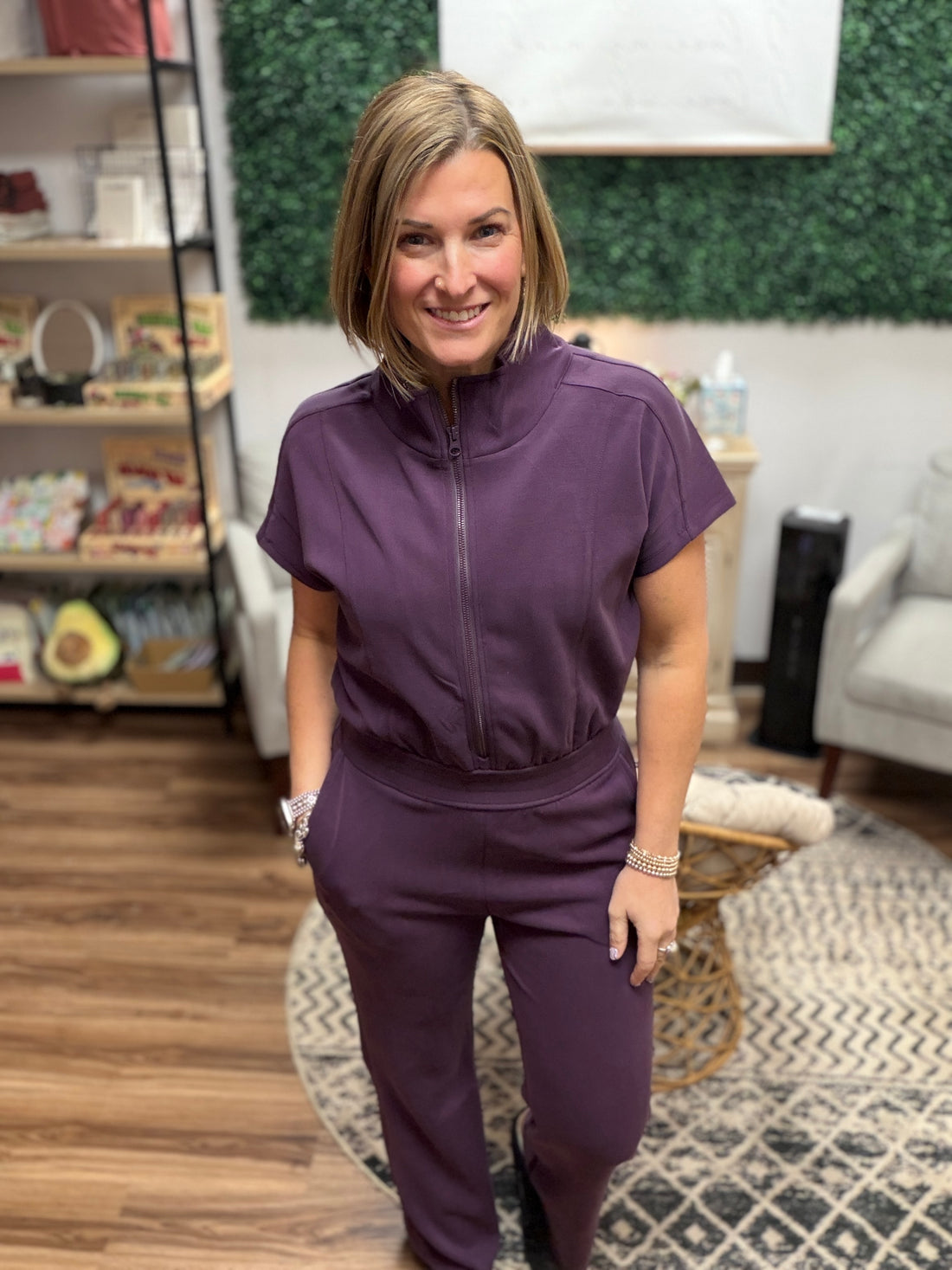 Modal Scuba Zip-Front Jumpsuit - Plum