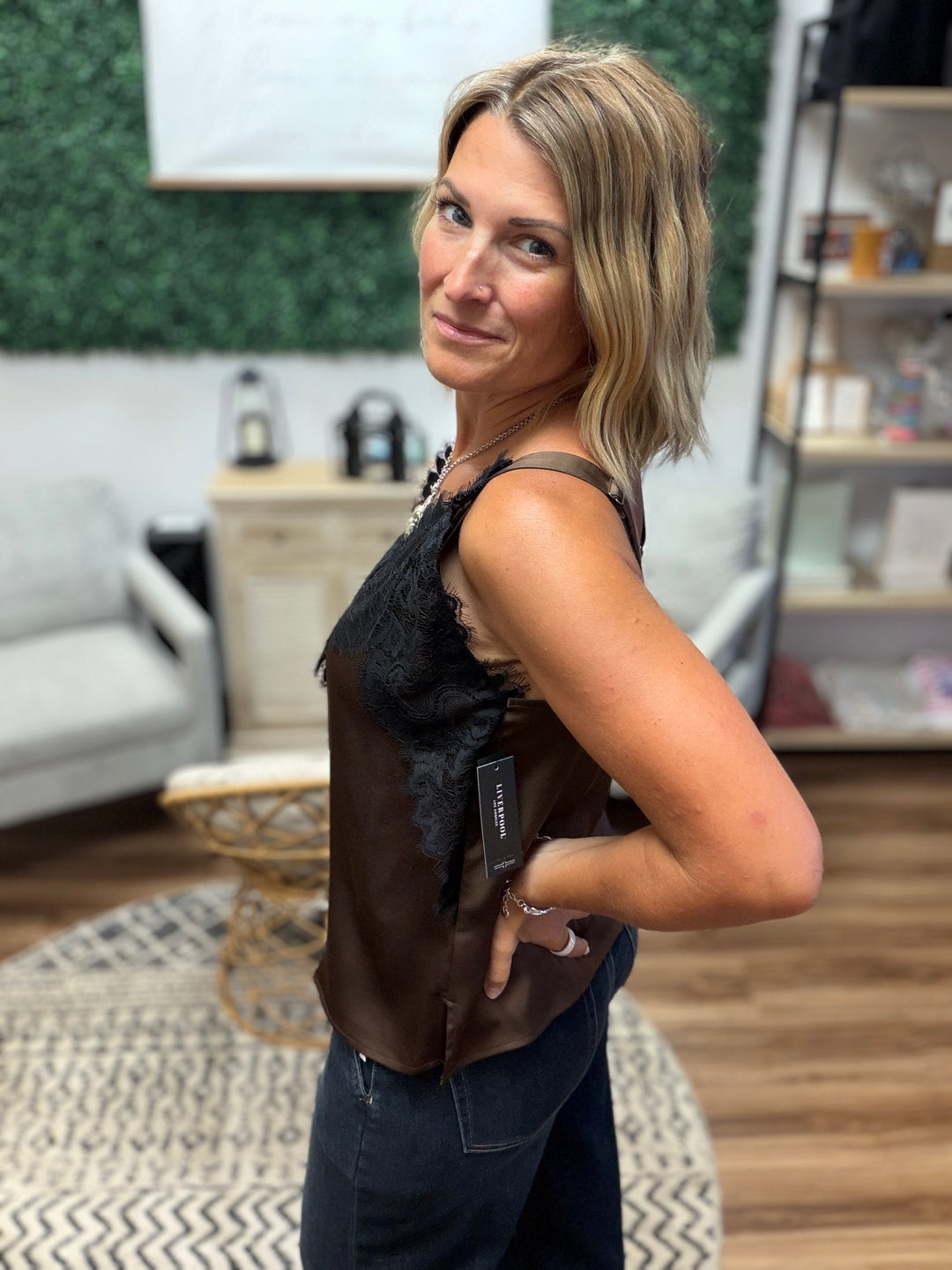 Liverpool - Sleeveless Woven Top with Lace - Dark Espresso