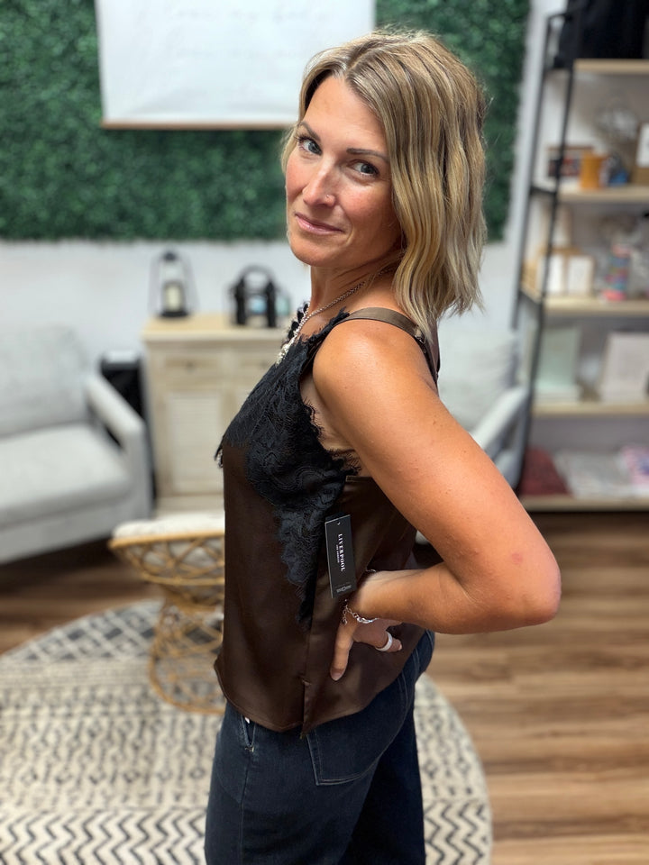 Liverpool - Sleeveless Woven Top with Lace - Dark Espresso