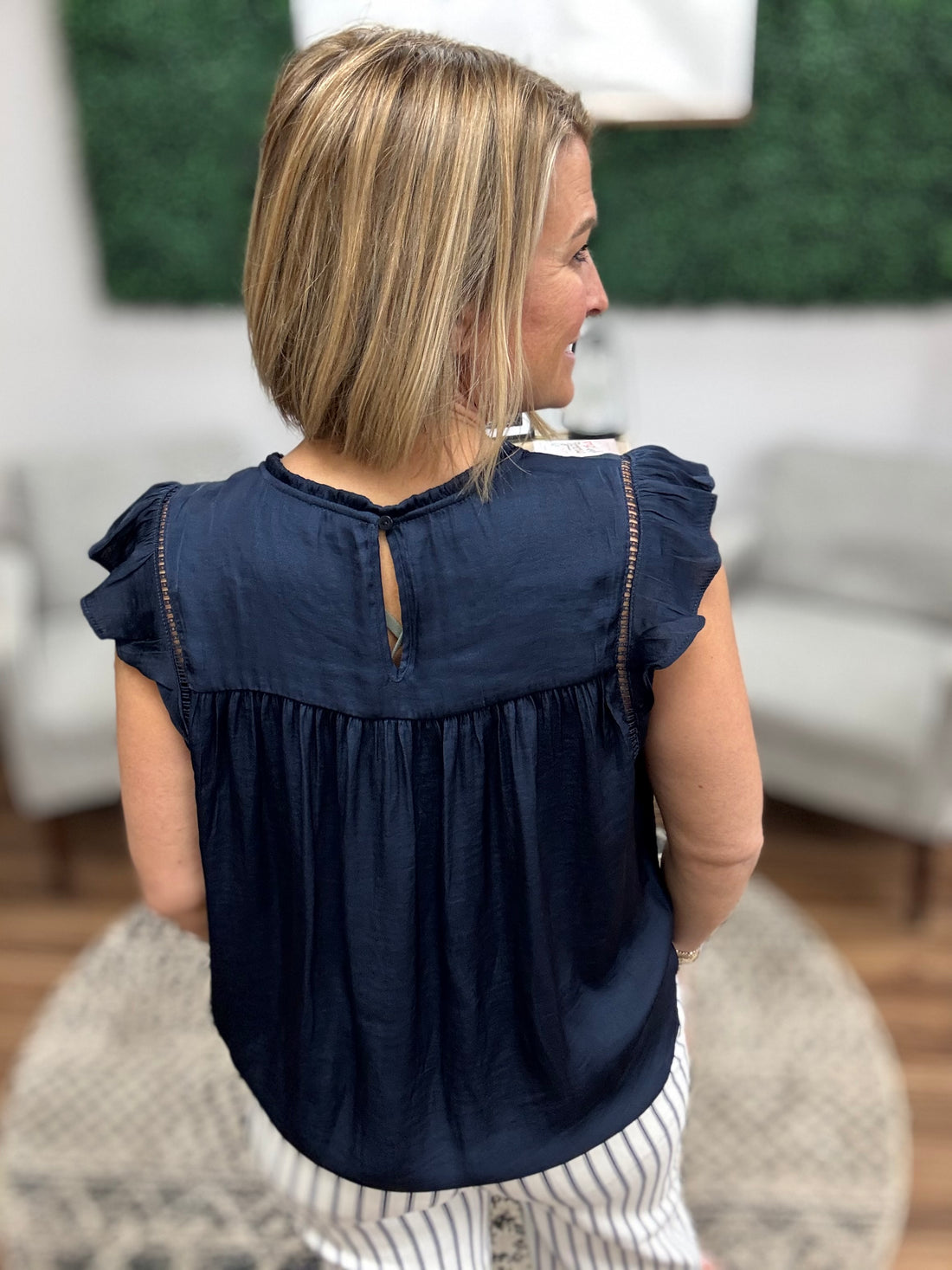 Liverpool - Flutter Sleeve Woven Blouse with Trim Detail