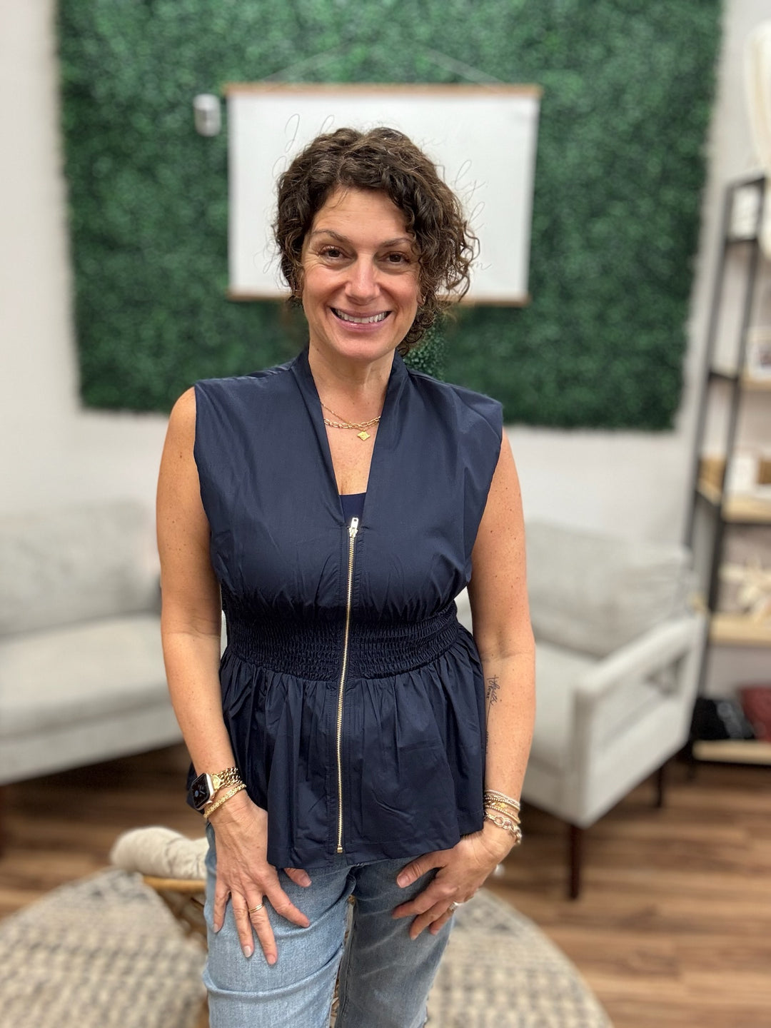 Zip It &amp; Go Smocked Peplum Top - Navy
