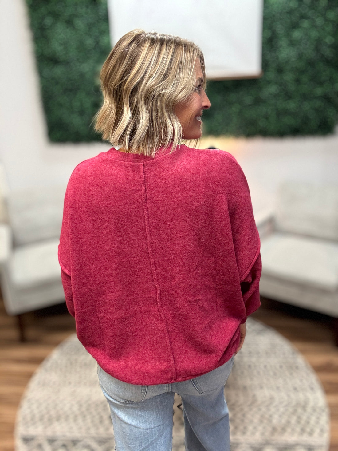 Brushed Melange Drop Shoulder Oversized Top - Cabernet