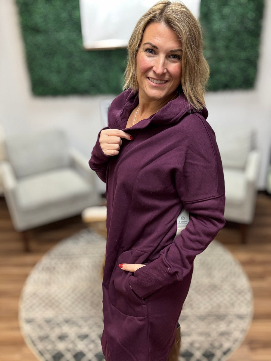 Open Front Longline Cardigan with Hoodie - Plum