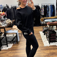 Fleece Off Shoulder Pullover - Black