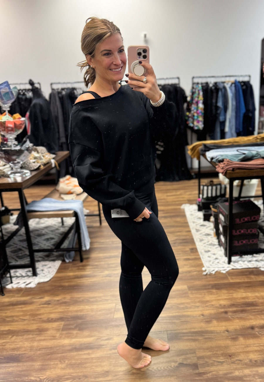 Fleece Off Shoulder Pullover - Black