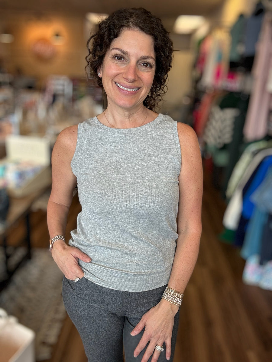 Ribbed Viscose Crew Neck Loose Fit Tank - Grey