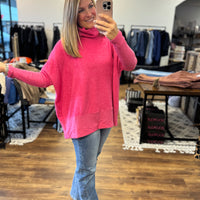 Brushed Melange Turtleneck Poncho Pullover - Fuchsia