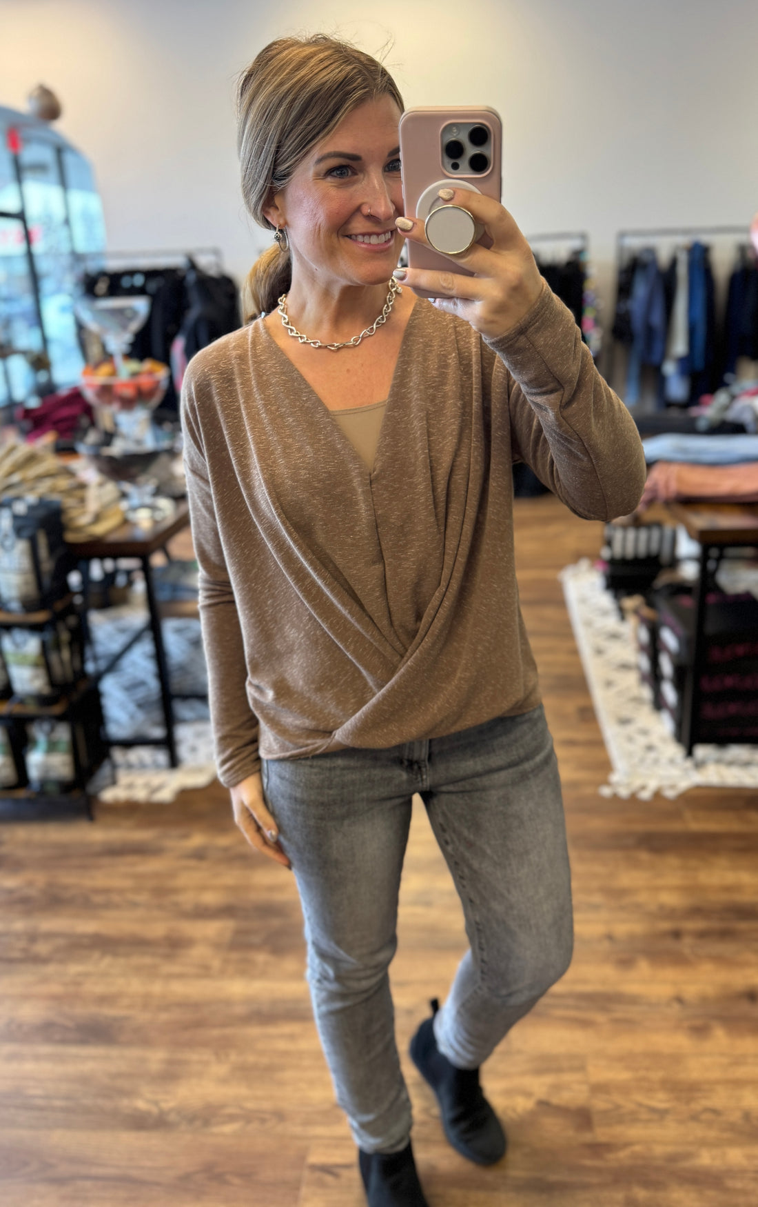 Long Sleeve V-Neck Surplice Top - Mocha