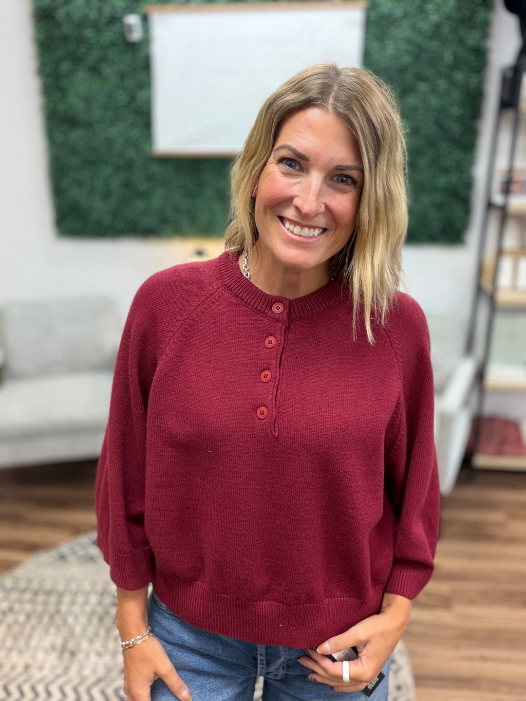 Buttoned Up Short Sleeve Sweater - Burgundy