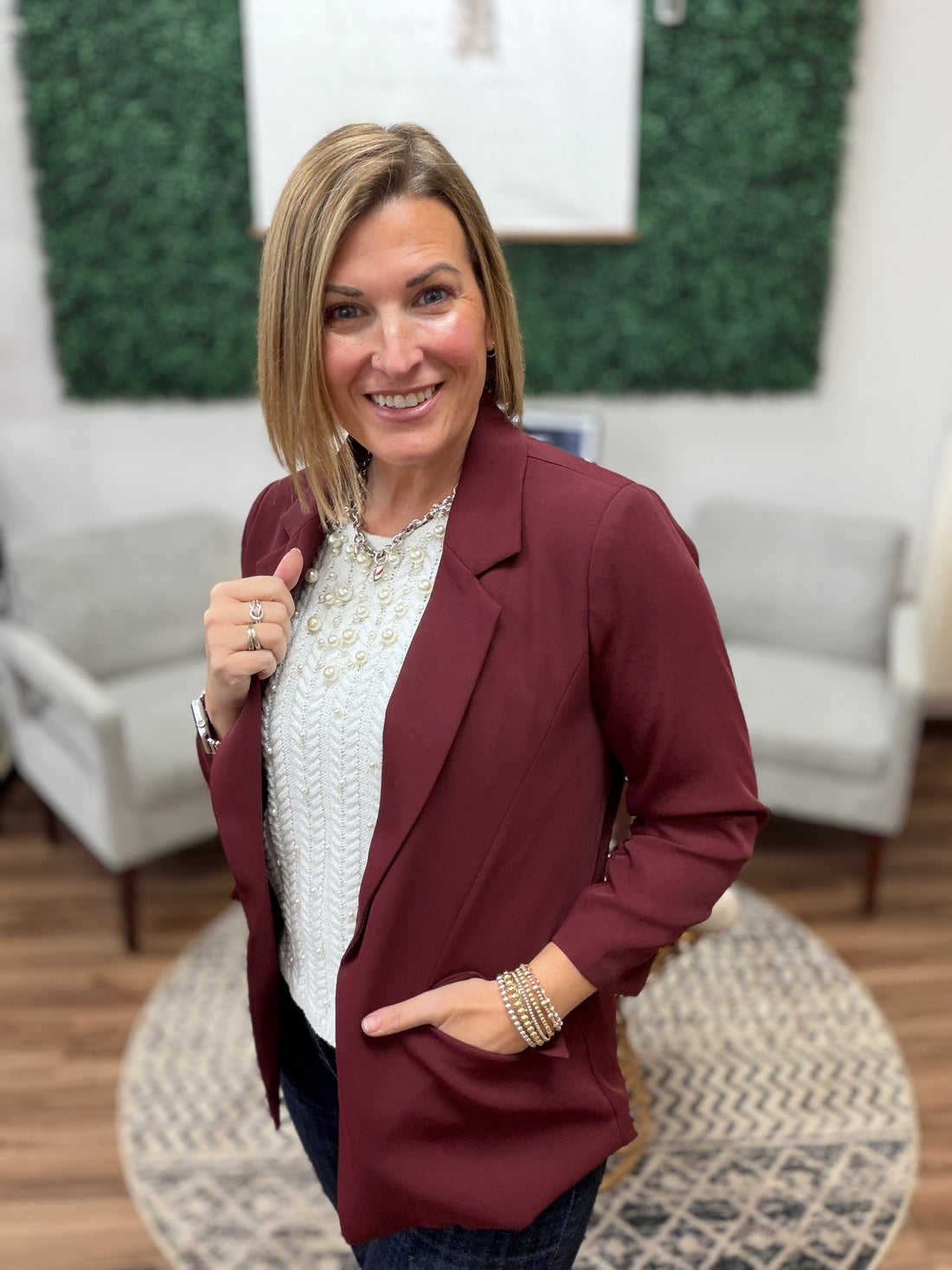 Eco-Friendly Recycled Poly Shirred Sleeve Blazer - Burgundy