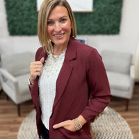 Eco-Friendly Recycled Poly Shirred Sleeve Blazer - Burgundy