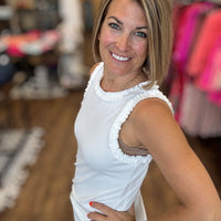 Ribbed Tank with Ruffle Detail - White