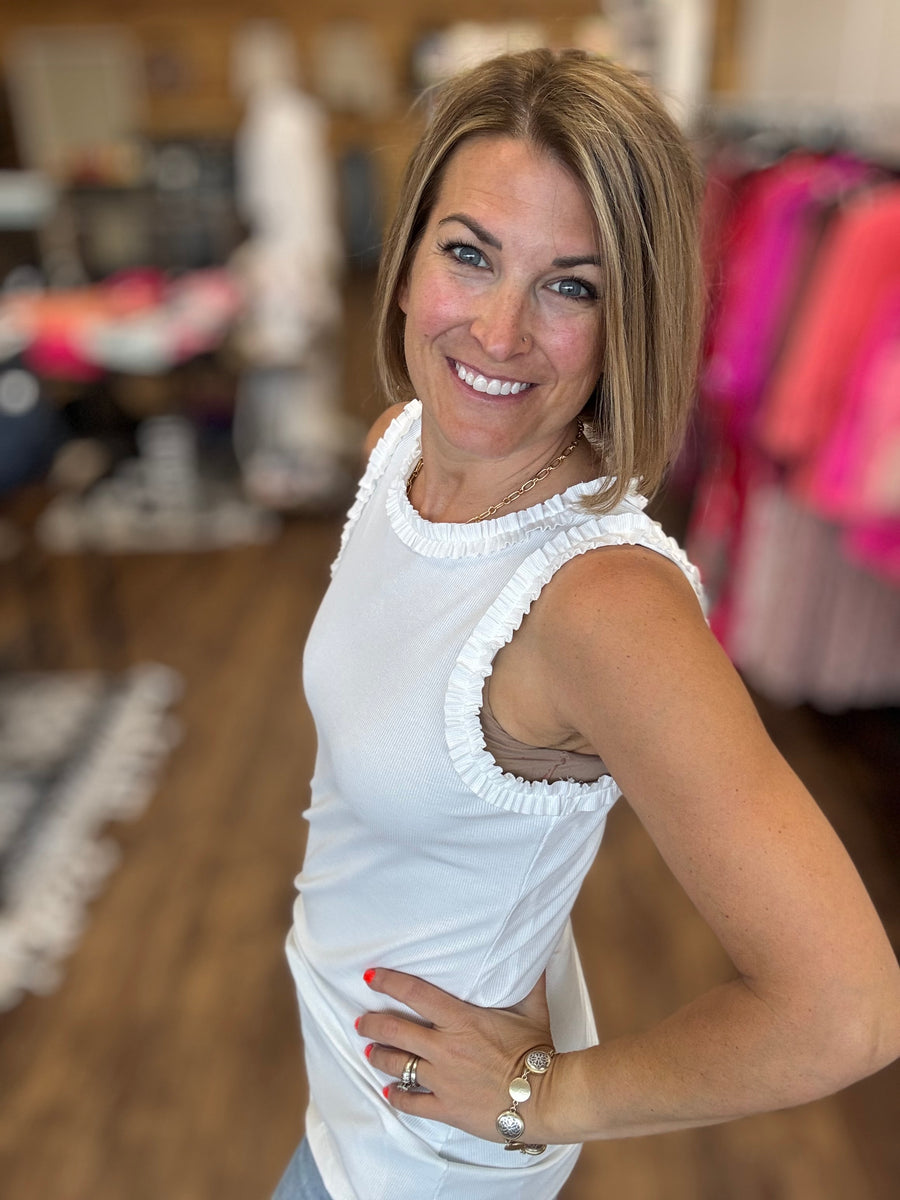 Ribbed Tank with Ruffle Detail - White