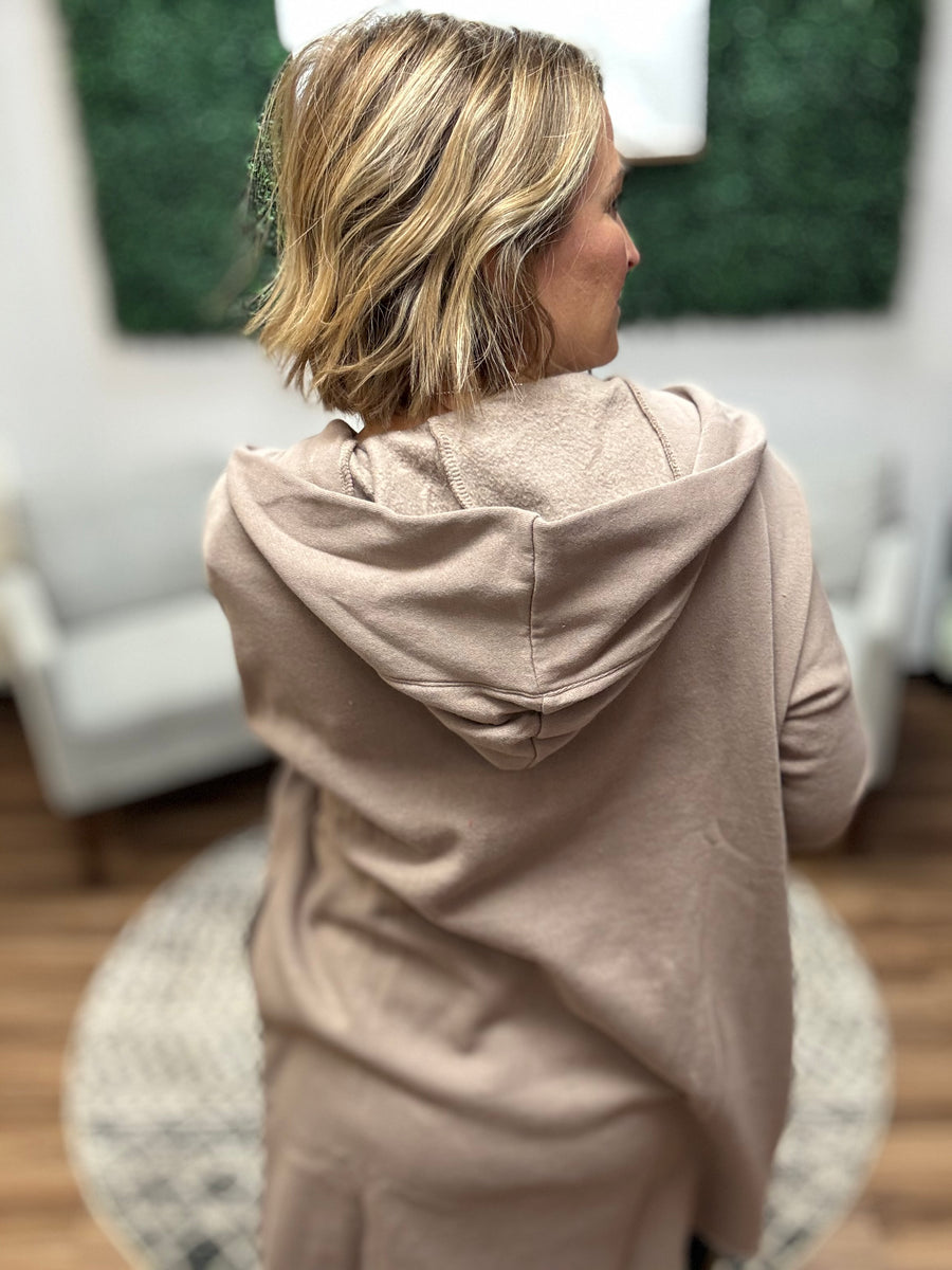 Open Front Longline Cardigan with Hoodie - Taupe