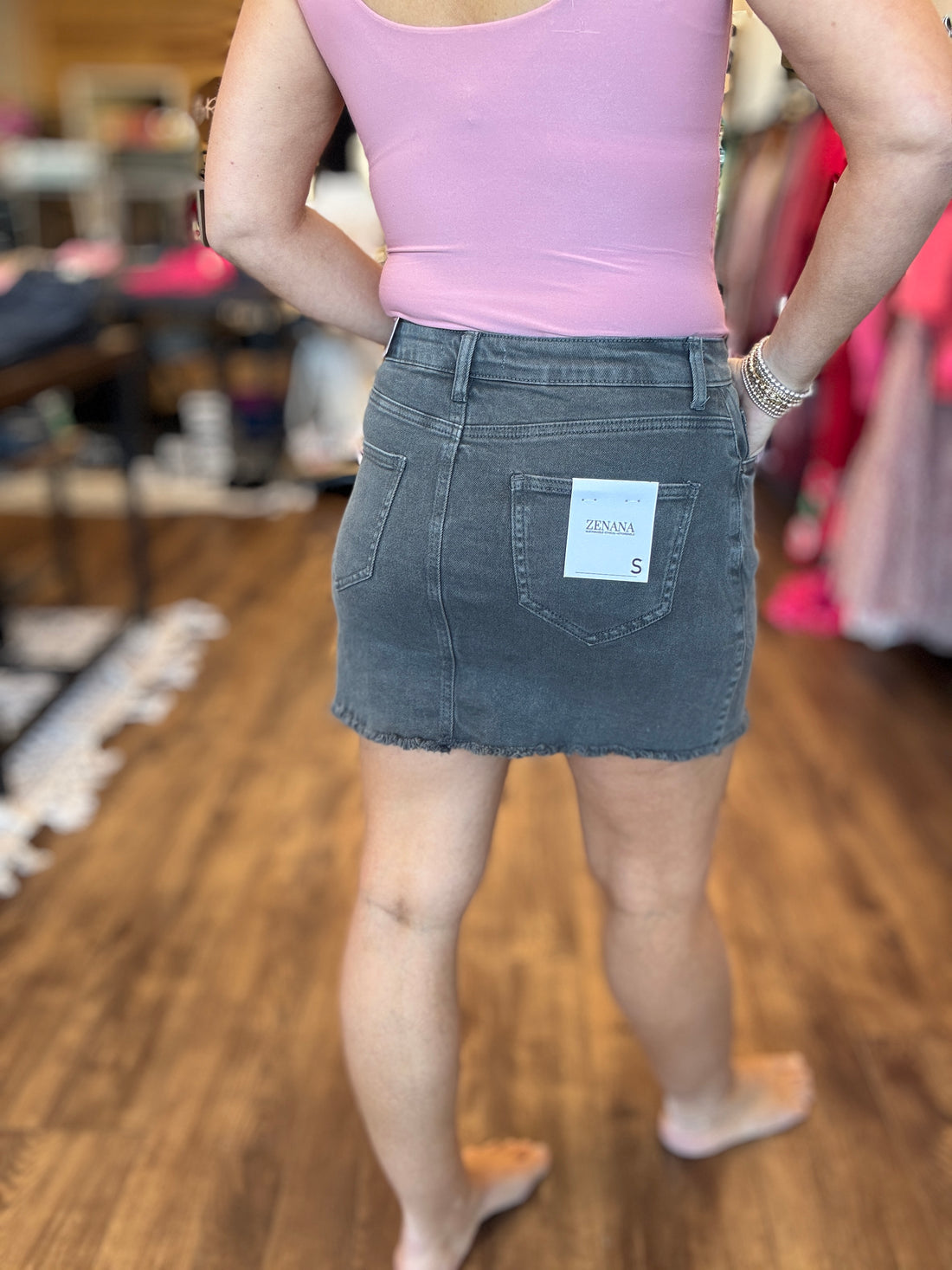 Acid Wash Frayed Hem Skirt - Vintage Black