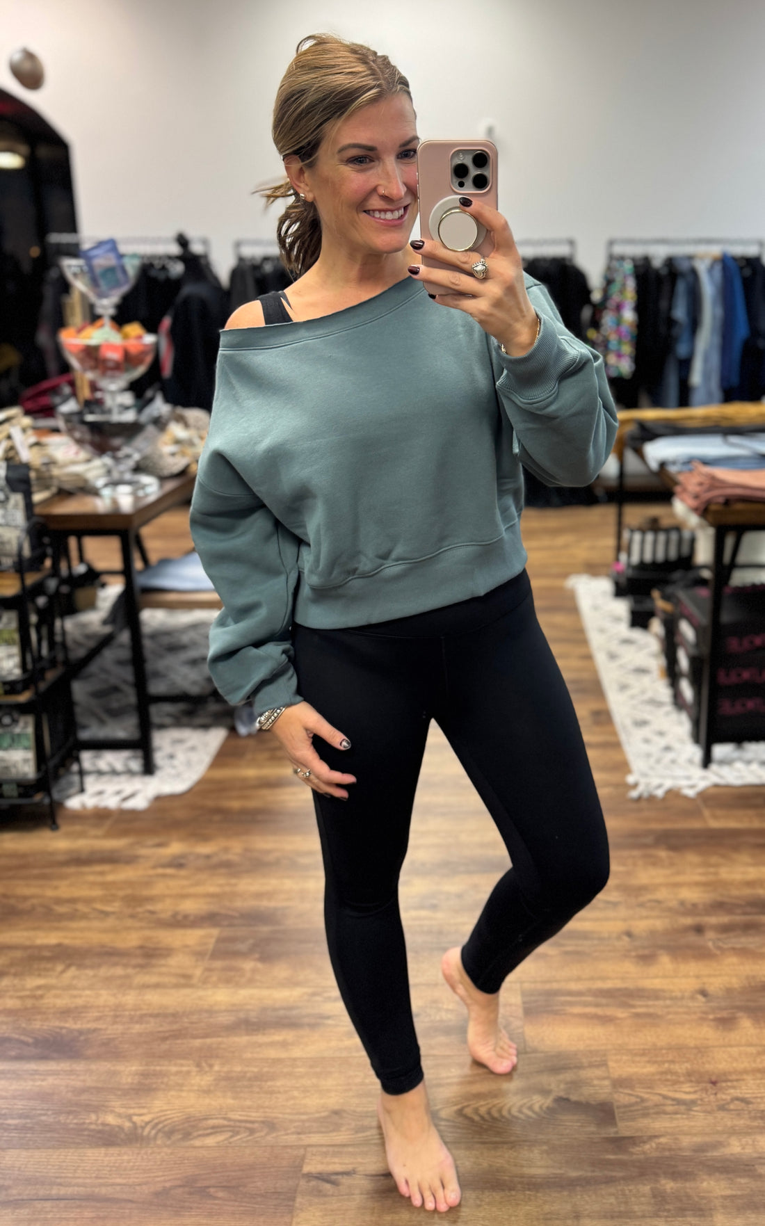 Fleece Off Shoulder Pullover - Ash Jade