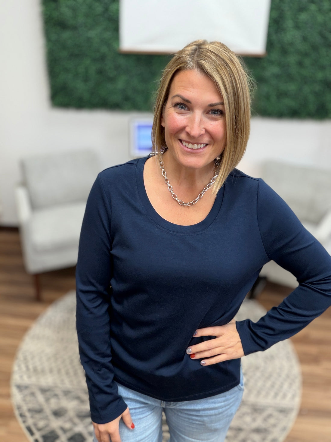 Liverpool - Long Sleeve Scoop Neck Knit Top - Dark Navy