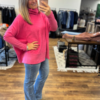 Brushed Melange Turtleneck Poncho Pullover - Fuchsia