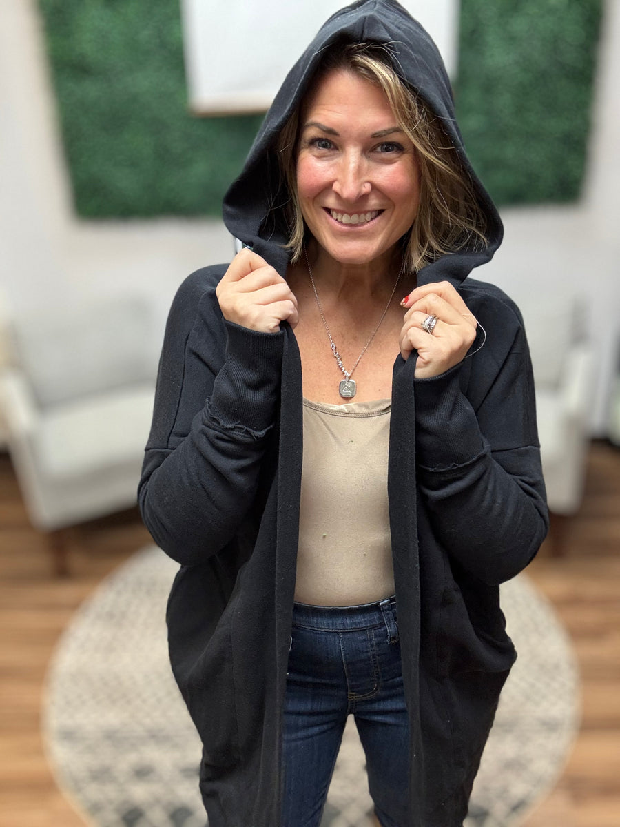 Open Front Longline Cardigan with Hoodie - Black