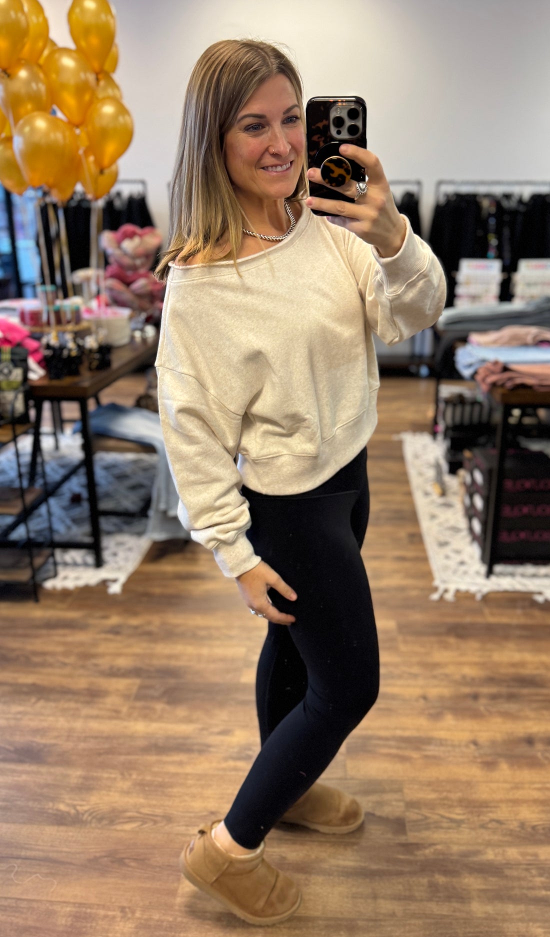 Fleece Off Shoulder Pullover - Heather Beige