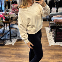 Fleece Off Shoulder Pullover - Heather Beige