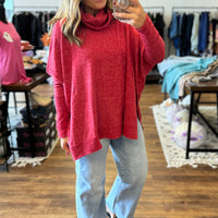 Brushed Melange Cowl Neck Poncho Pullover - Red