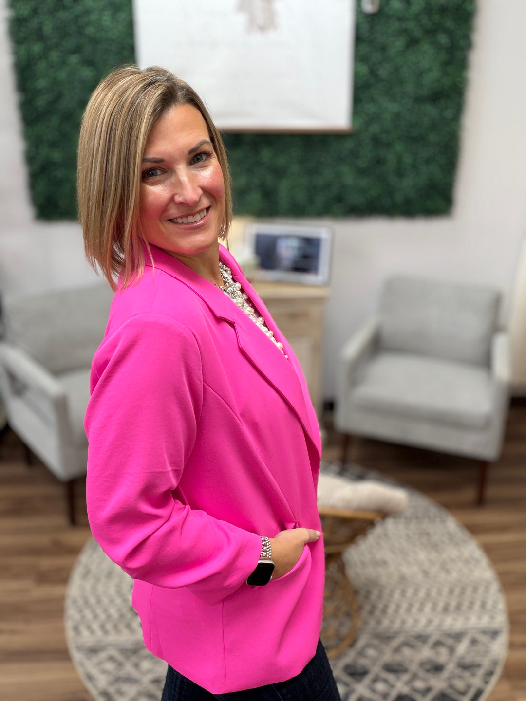 Eco-Friendly Recycled Poly Shirred Sleeve Blazer - Pretty in Pink