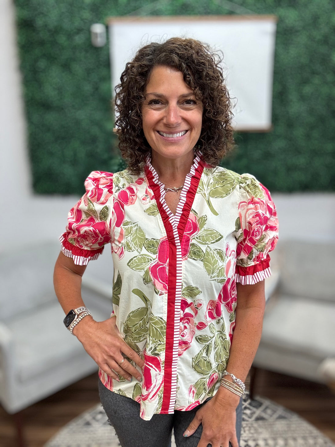 Floral Printed Woven Contrast Edge Ruffled Blouse