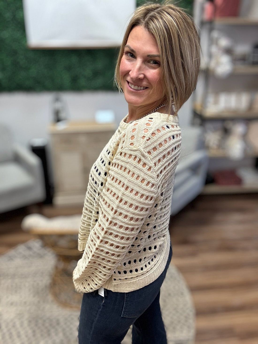 Round Neck Open Gauge Sweater - Oatmeal