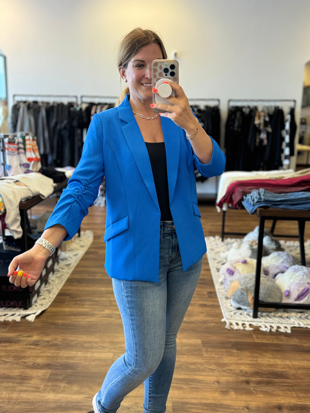Eco-Friendly Recycled Poly Shirred Sleeve Blazer - Electric Blue