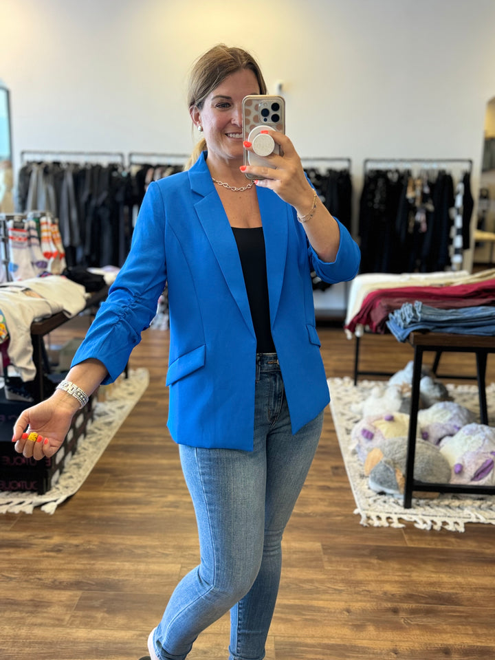 Eco-Friendly Recycled Poly Shirred Sleeve Blazer - Electric Blue