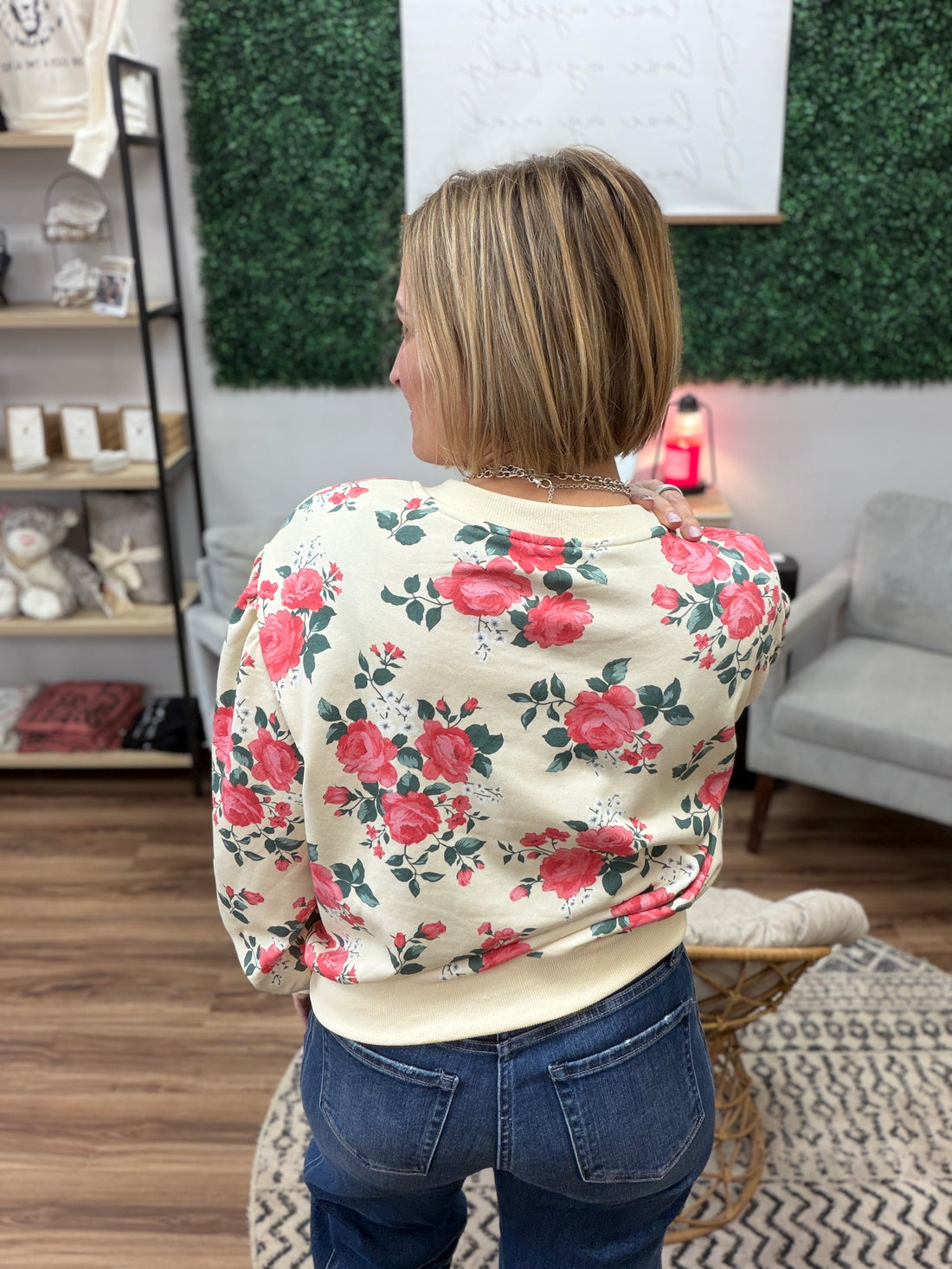 Floral French Terry Pullover with Balloon Sleeves