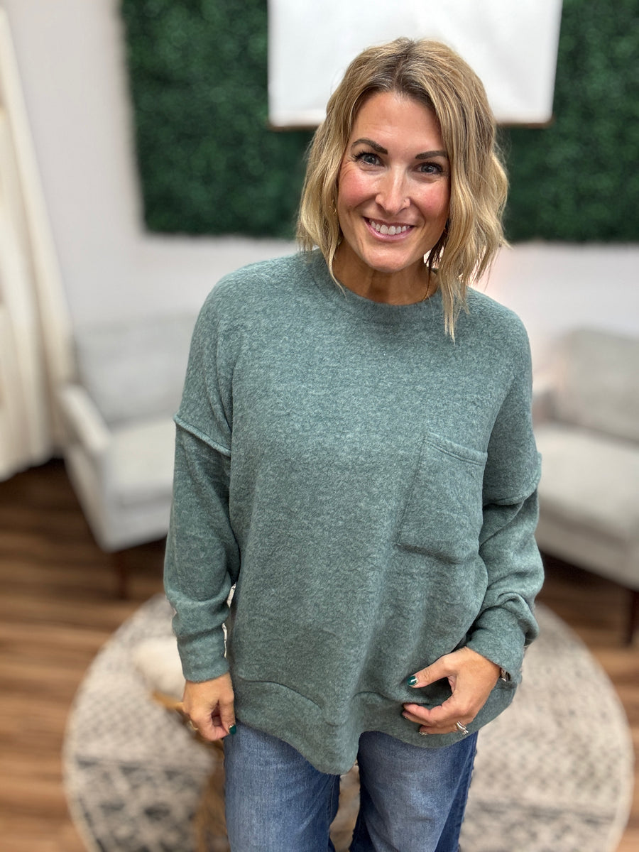 Brushed Melange Drop Shoulder Oversized Top - Ash Jade