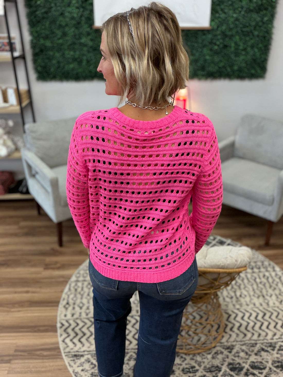 Round Neck Open Gauge Sweater - Hot Pink