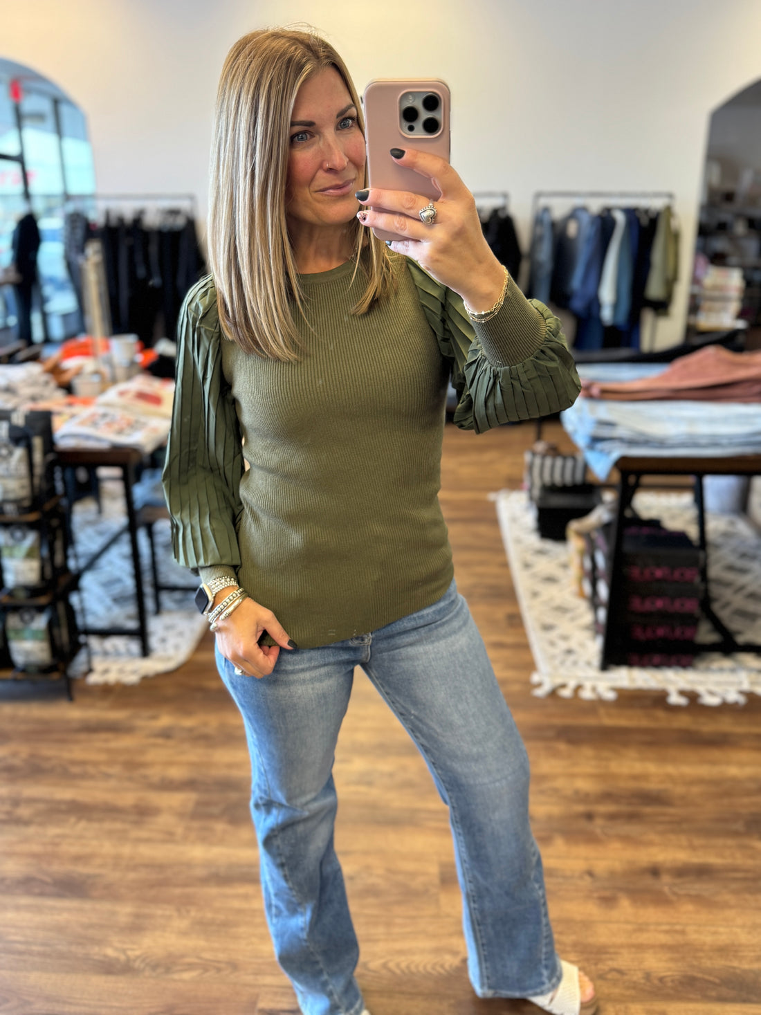 Mixed Media Pleated Long Sleeve Top - Olive