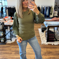 Mixed Media Pleated Long Sleeve Top - Olive