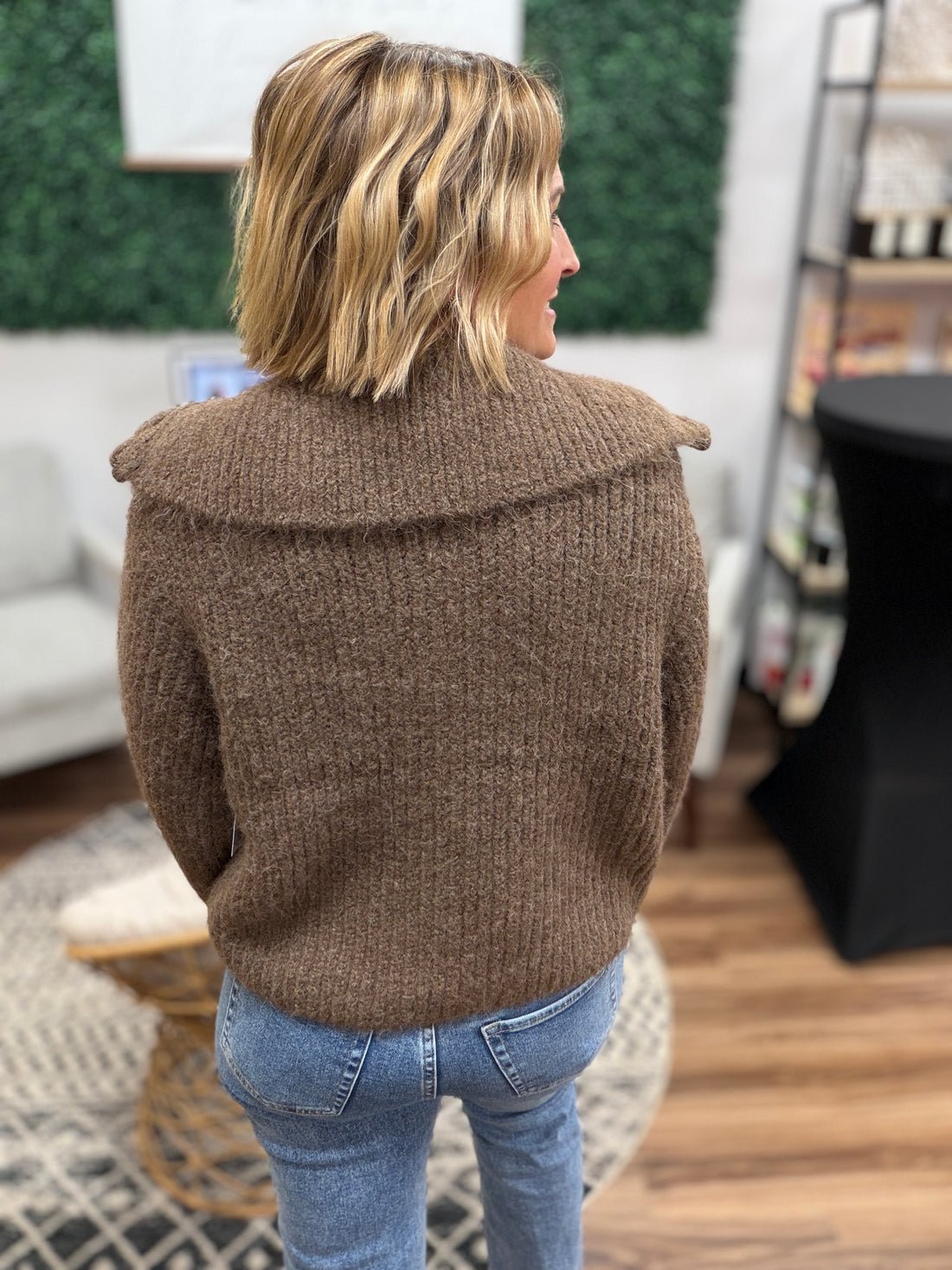 High Neck Full Zip Sweater - Brown