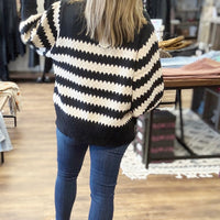 Striped Sweater with Balloon Sleeves - Black