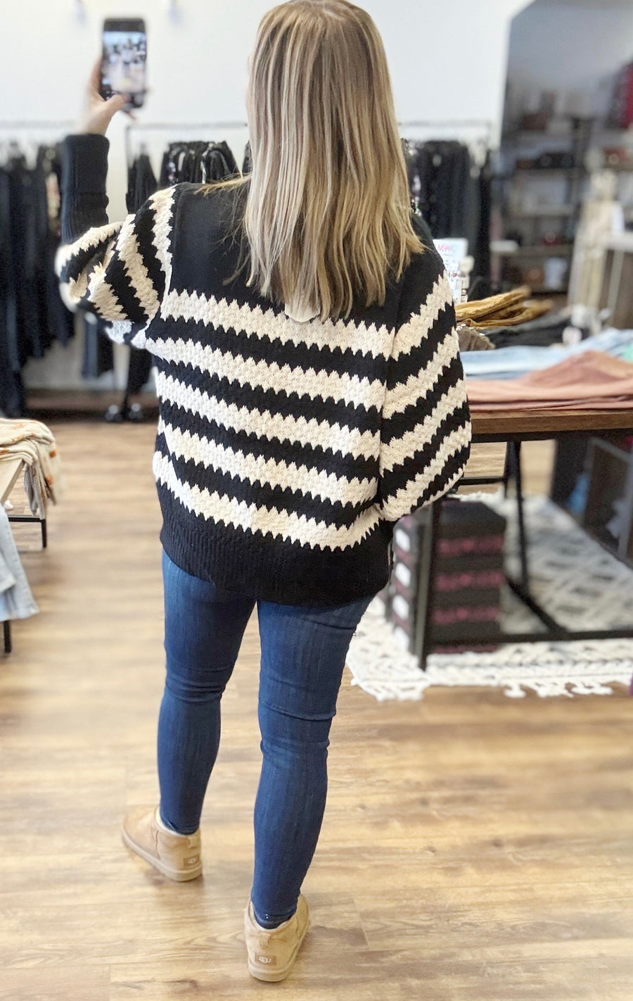 Striped Sweater with Balloon Sleeves - Black