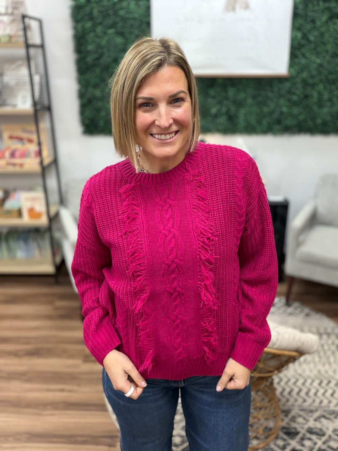 Liverpool - Long Sleeve Crew Neck Sweater with Fringe - Raspberry