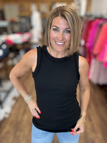 Ribbed Tank with Ruffle Detail - Black