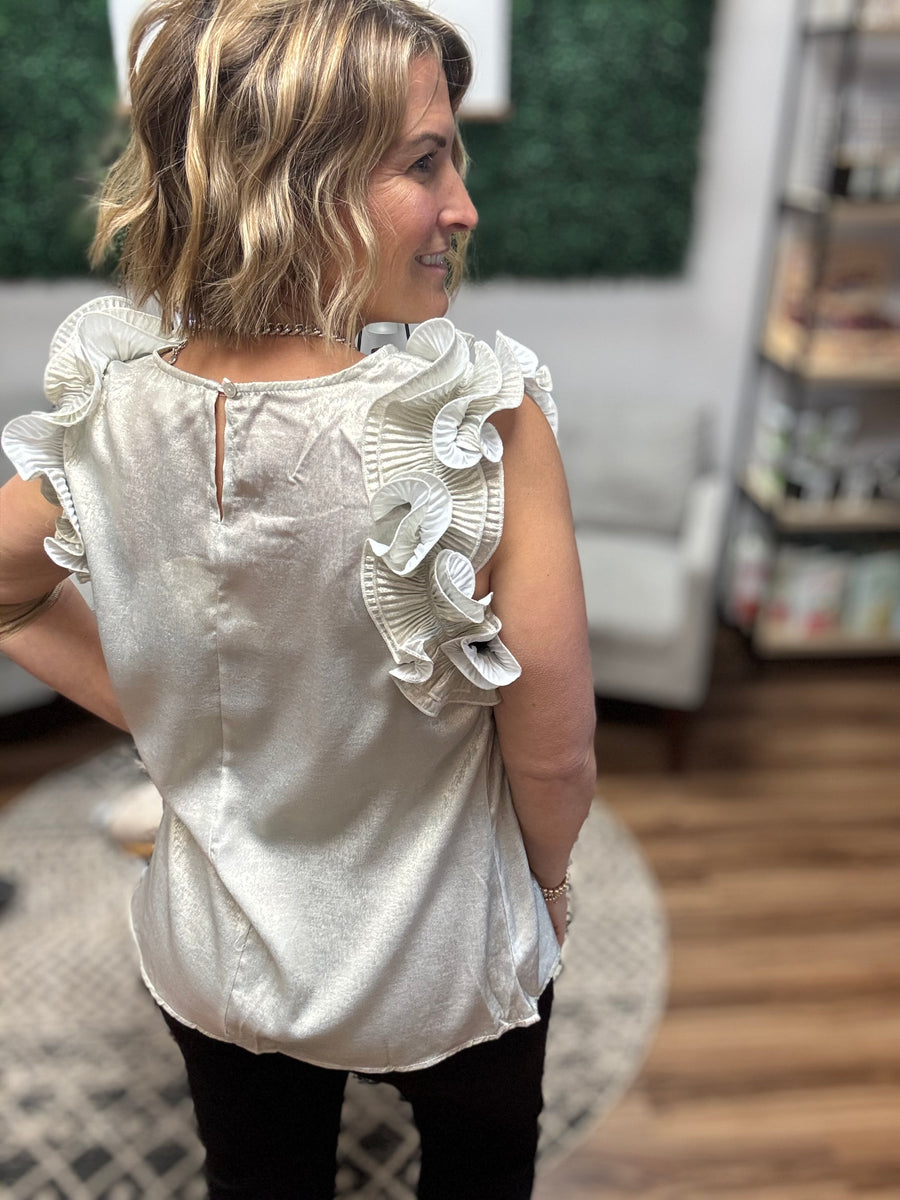 Pleated Ruffle Trim Metallic Top - Champagne