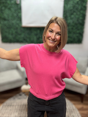 Round Neck Short Sleeve Dolman - Hot Pink